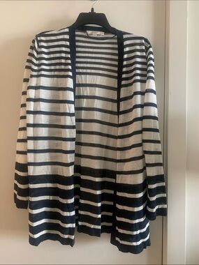 LOFT Navy & White Striped Open-Front Cardigan